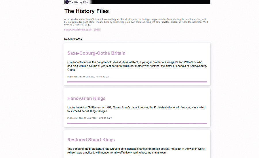 In-house RSS feed for the History Files website
